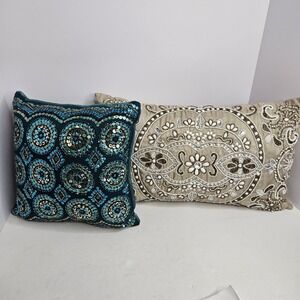 Pier 1 Set Of 2 Pillows Turquoise 10.5" X 10.5" And Tan 18" X 10" Decorative